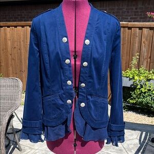 CHICO’S Blue Military Style Jacket with Silver Buttons